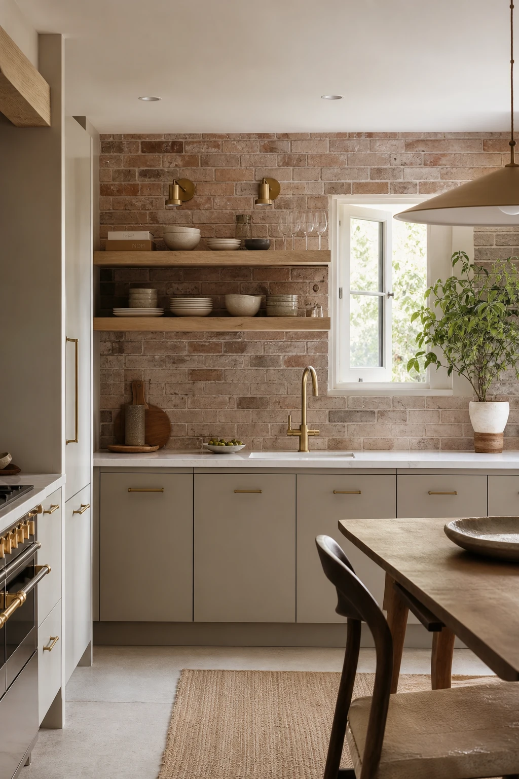 Small beige kitchen with brick backsplash, compact layout, open shelving, and Farrow & Ball Dimpse painted cabinets creating an airy, spacious feel