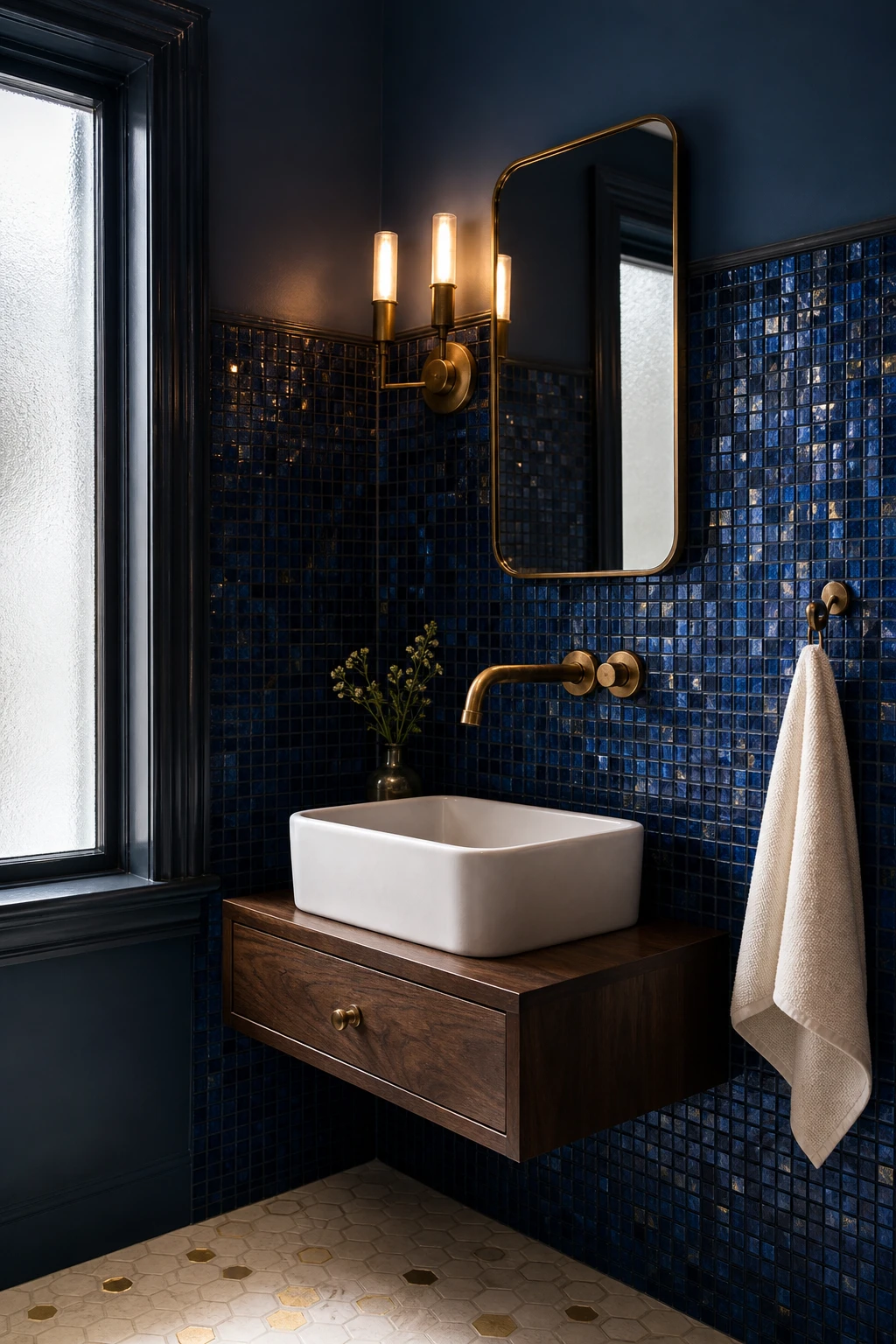 Small blue mosaic tile bathroom with blue and gold accents, Belvedere Blue painted walls, brass fixtures, and jewel like atmosphere in compact space