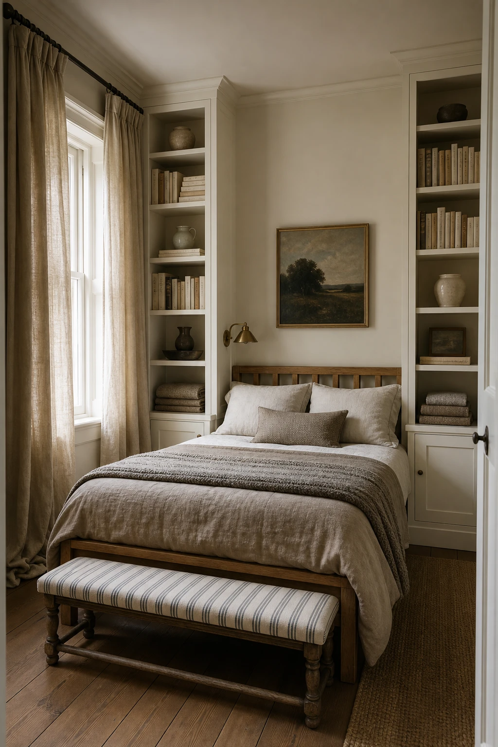 Small English country guest bedroom with built in shelving to ceiling, low platform bed, tall curtains and Wimborne White walls making the tight space feel open and airy