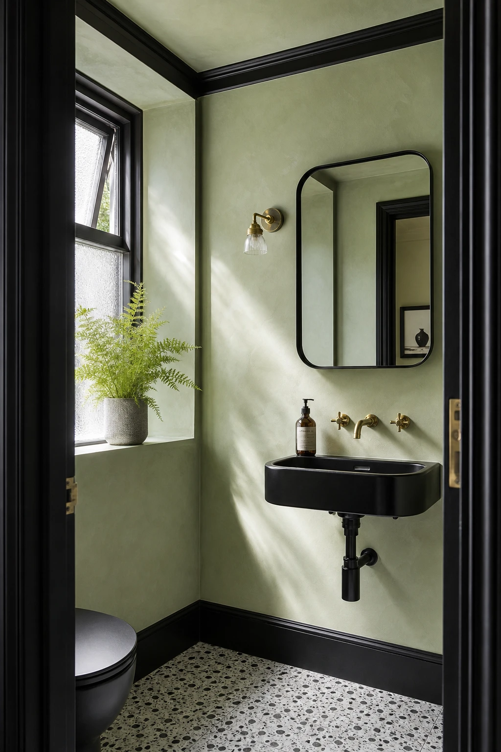 Small green and black bathroom with light green walls, black trim and fixtures, natural morning light, magazine quality interior photography