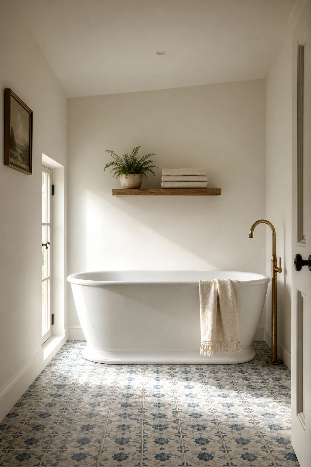 Small Modern English Country Bathroom with a freestanding soaking tub as the centrepiece, walls in Farrow and Ball House White, natural morning light