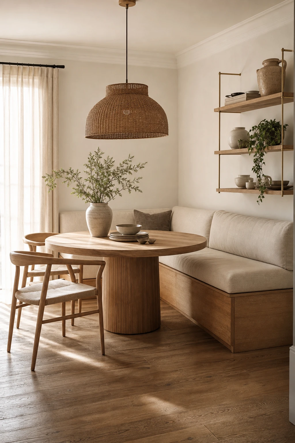 Small modern neutral dining room with a corner bench set as the hero, upholstered in warm linen, paired with slim wooden chairs and a round table