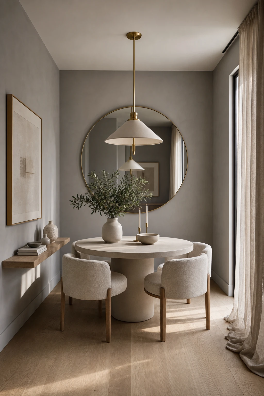 Small modern neutral dining room with space expanding tricks including a round table, wall mirror, slim chairs and Farrow and Ball Charleston Gray walls
