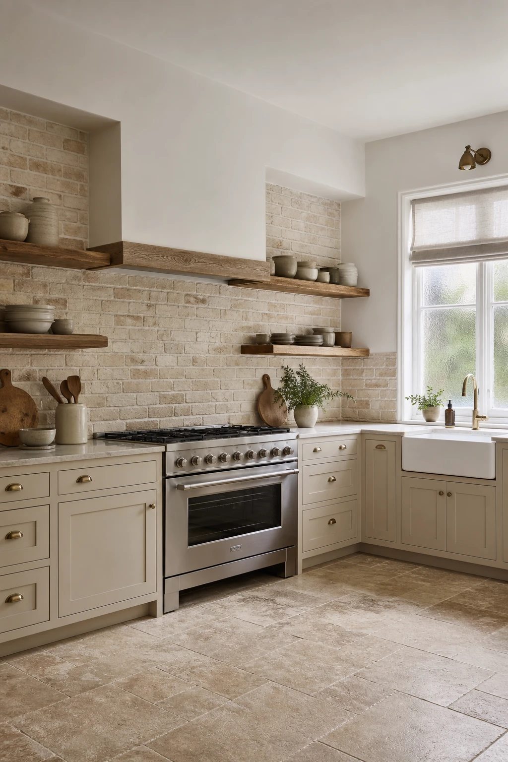 Small north facing kitchen with beige cabinets and light brick backsplash painted Farrow and Ball Shaded White reflecting soft natural daylight