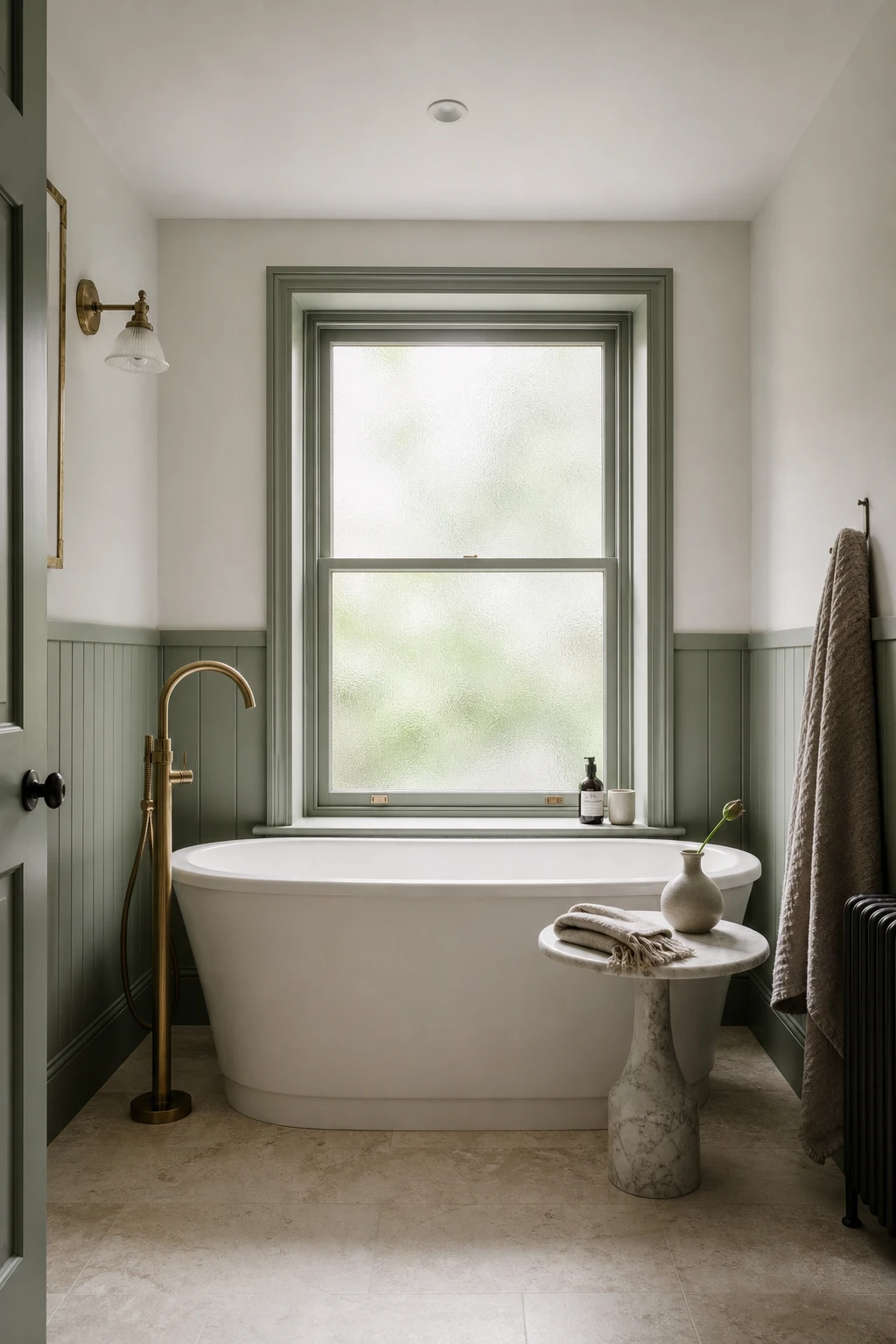 Small sage green and white bathroom with a freestanding soaking tub as the focal point, soft natural light, cool white walls and warm stone floor