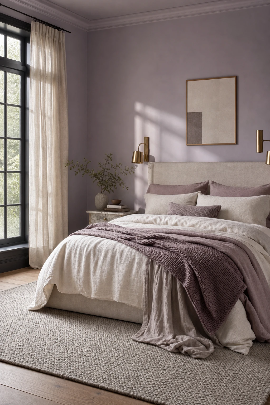Soft lavender gray bedroom with pale purple walls, linen bedding, brushed brass sconces, sheer curtains, and dark gray trim in a restful Gray style.