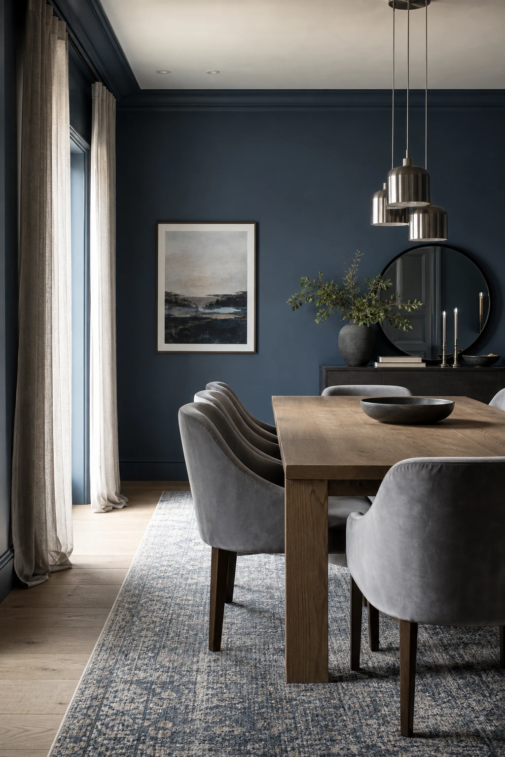 Sophisticated navy blue dining room with grey and blue tonal palette, upholstered chairs, linen curtains, and warm afternoon light on Ancona Blue walls