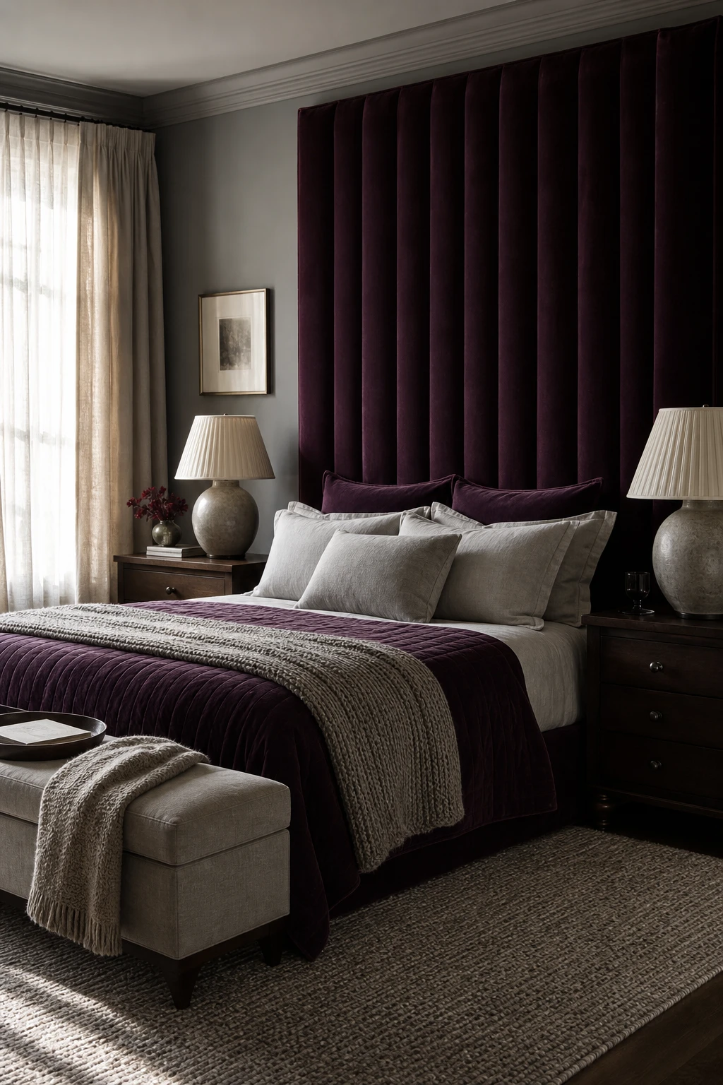 Sophisticated purple and gray bedroom with aubergine upholstered headboard, Pavilion Gray walls, layered textiles and soft morning light through linen curtains