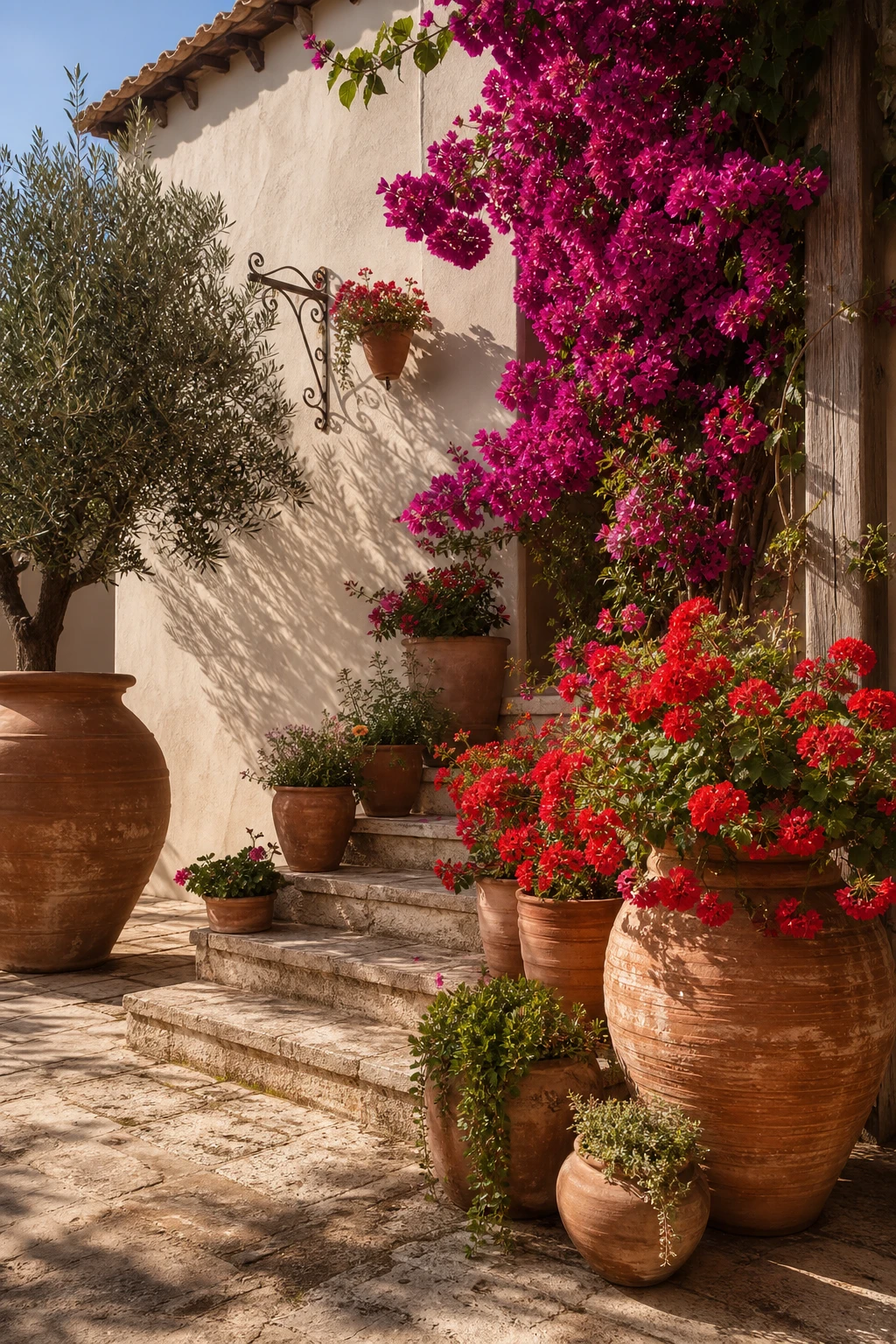 Spanish style rustic terracotta garden with bold flowering plants, painted wall in warm white, handmade pots, wrought iron details and dramatic layered colour