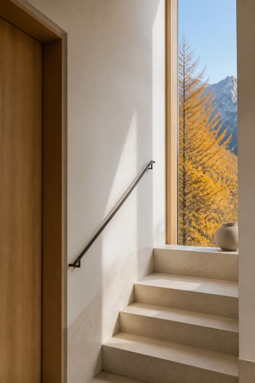 stair transition at the Slovenian Alpine House in the Julian Alps in an original fictional editorial architecture story about material, landscape, light and the calm sequence of ro
