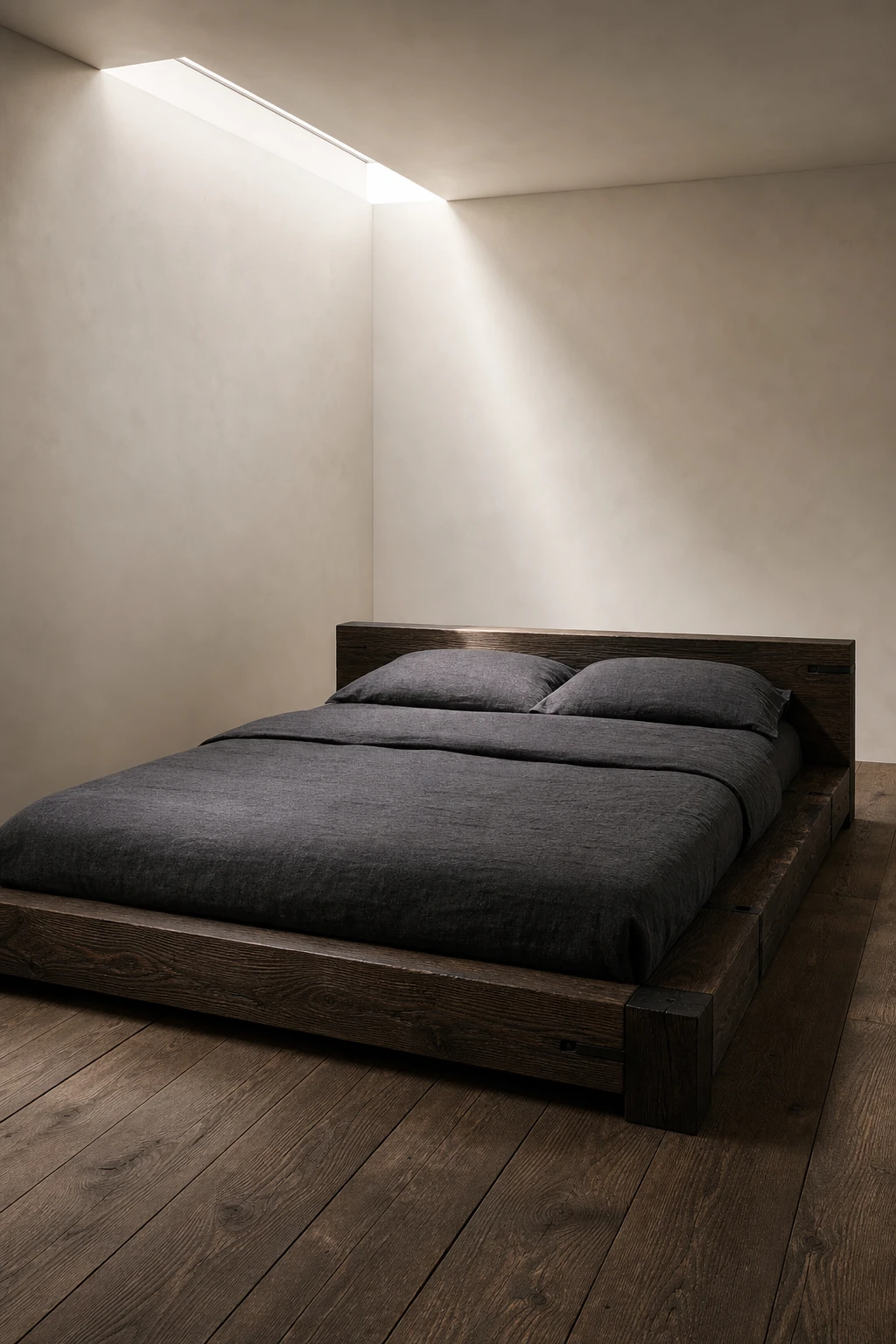 Stripped back dark minimalist bedroom with a single sculptural bed frame on bare floors, warm white walls in Farrow & Ball Au Lait, soft morning light