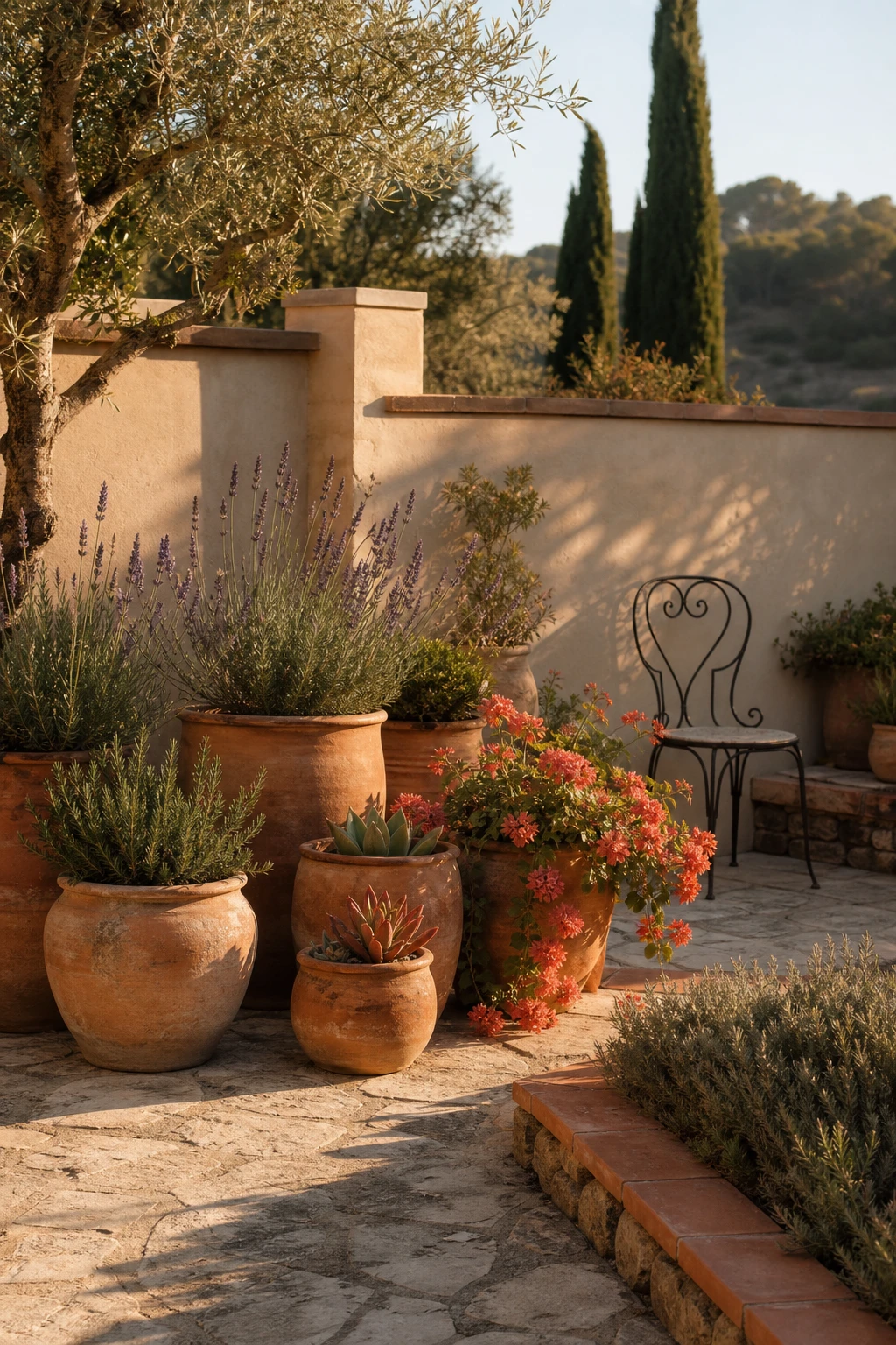 Sun drenched Mediterranean garden corner with clustered terracotta pots, heat loving plants, stone paving and Farrow & Ball Naperon painted wall