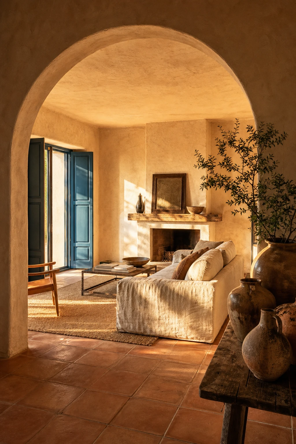 Sun drenched Mediterranean living room with warm plaster walls, terracotta tiles, arched doorway and Farrow & Ball Barrow Blue painted shutters