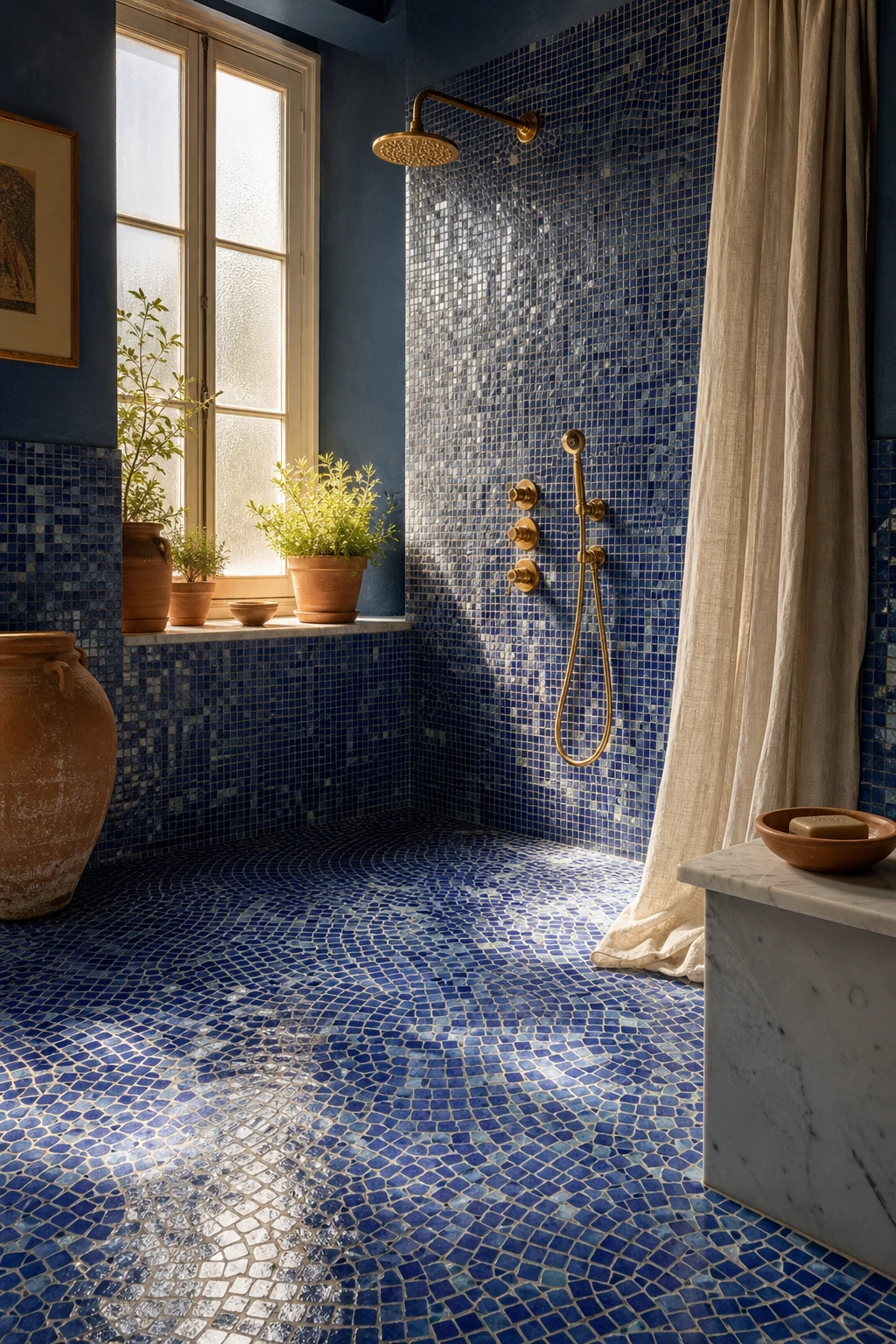 Sun soaked blue mosaic tile bathroom with Mediterranean tile story hero, terracotta accents, Farrow and Ball Chinese Blue walls and warm morning light