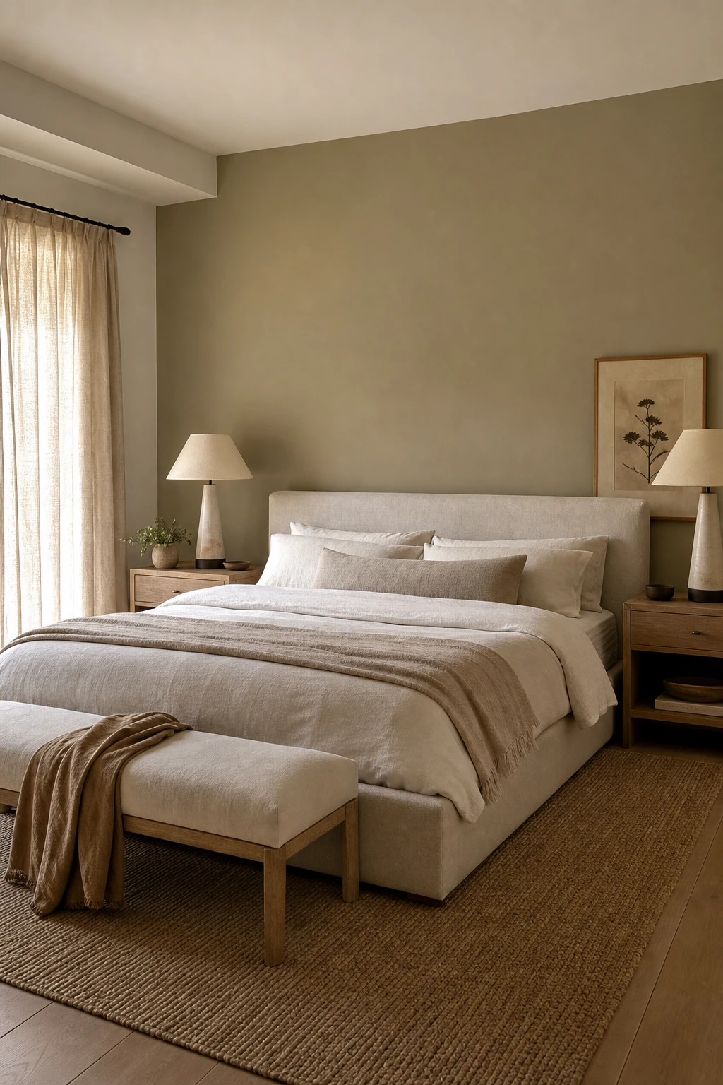 Sun warmed bedroom with a light brown accent wall behind a linen upholstered bed, natural oak nightstands, and sheer curtains in soft morning light