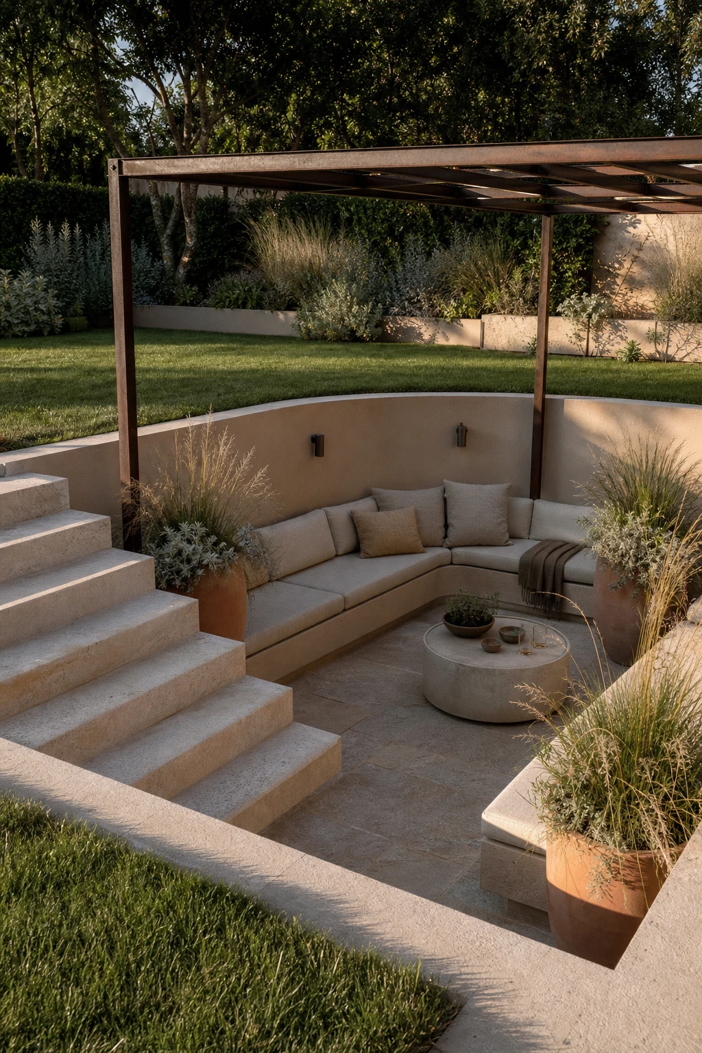 Sunken garden seating area with warm neutral rendered walls, stone steps, linen cushions, ornamental grasses, and soft afternoon light creating intimate shelter
