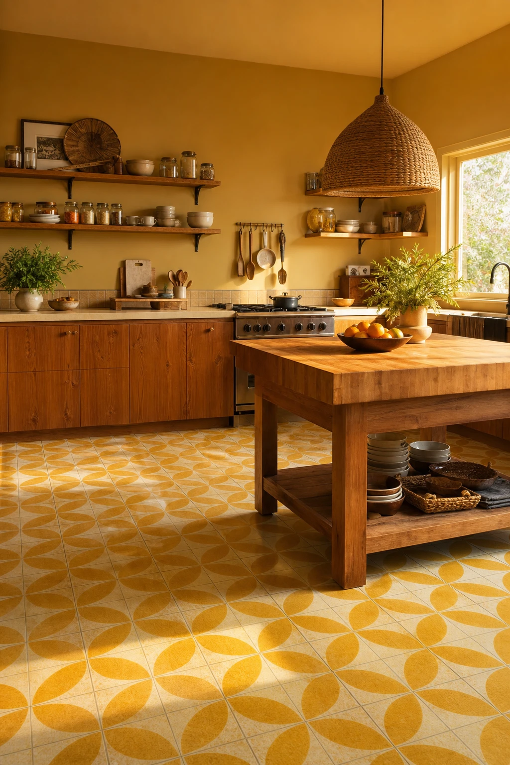 Sunny 70s kitchen with bold yellow patterned floor tiles as the hero feature, warm wood cabinetry, open shelving, and Farrow and Ball Babouche painted walls