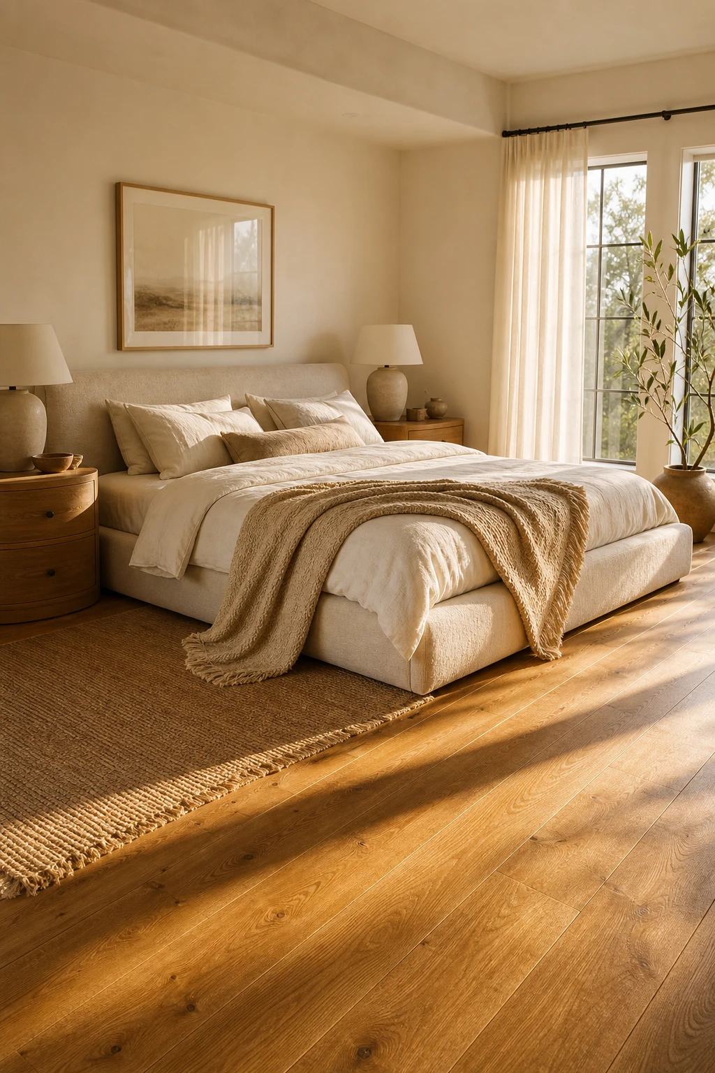 Sunny white and brown bedroom with light brown warmth as the hero, soft linen bedding, warm wood nightstands, sheer curtains, and Au Lait painted walls