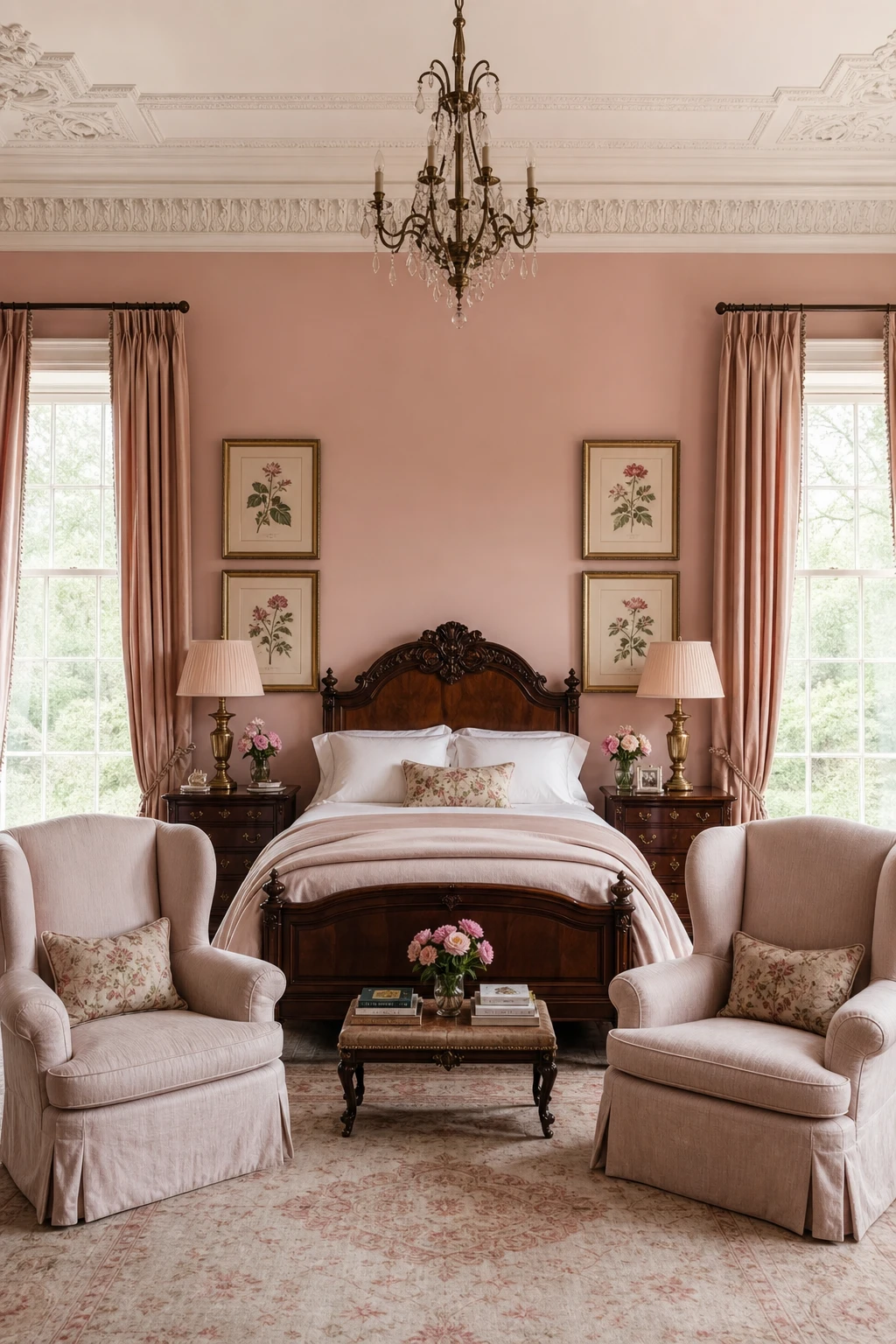 Symmetrical English country bedroom with Nancy's Blushes pink walls, tall windows, matching bedside tables, and a grand upholstered headboard under a high ceiling
