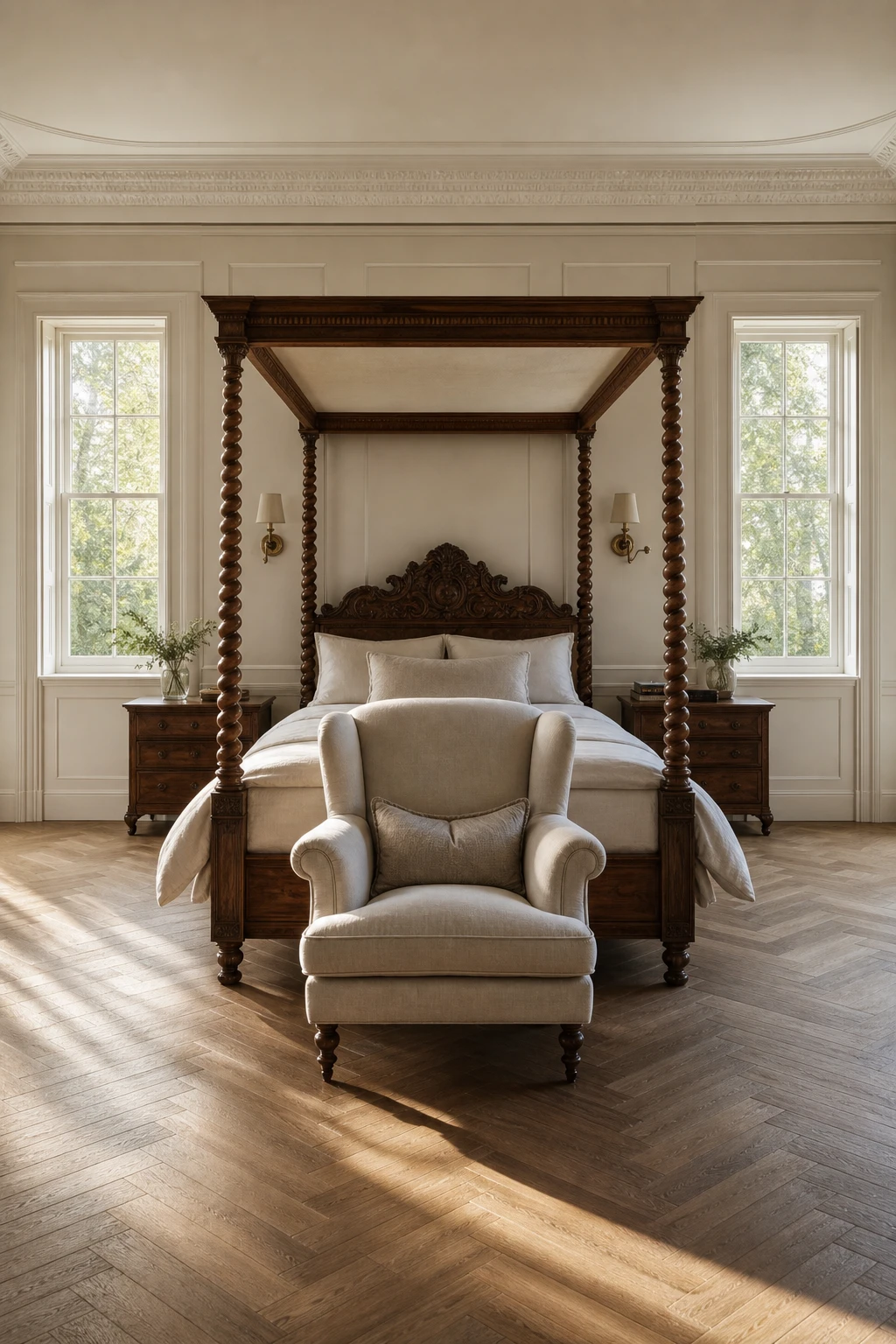 Symmetrical Georgian bedroom with tall sash windows, panelled walls in warm white, a carved four poster bed and period cornicing under soft morning light
