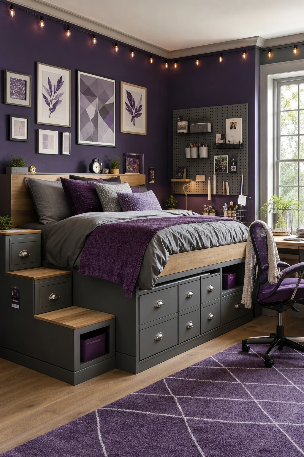 Teen purple and gray bedroom with bold purple accent wall, layered bedding, string lights, and Farrow and Ball Stoke painted trim framing large windows