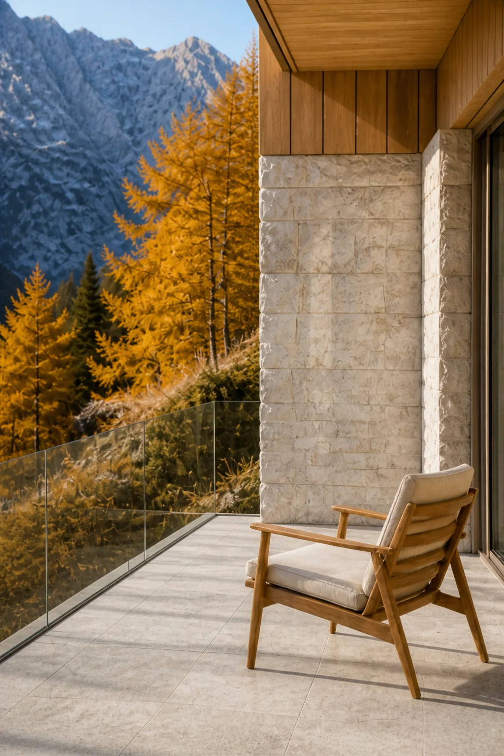 terrace detail at the Slovenian Alpine House in the Julian Alps in an original fictional editorial architecture story about material, landscape, light and the calm sequence of room