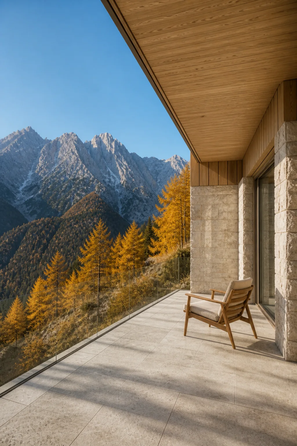 terrace master at the Slovenian Alpine House in the Julian Alps in an original fictional editorial architecture story about material, landscape, light and the calm sequence of room