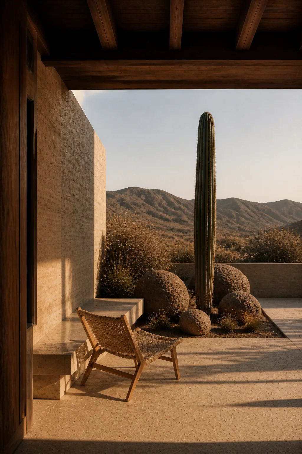 terrace seating at Baja Earth House in Baja California Sur in an original fictional editorial architecture story about material, landscape, light and the calm sequence of rooms....
