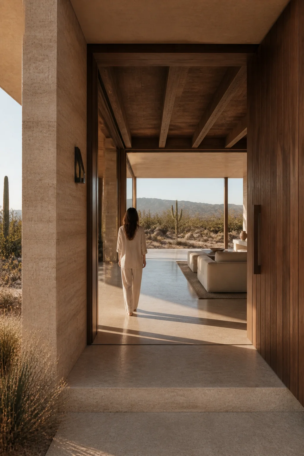 threshold master at Baja Earth House in Baja California Sur in an original fictional editorial architecture story about material, landscape, light and the calm sequence of rooms...