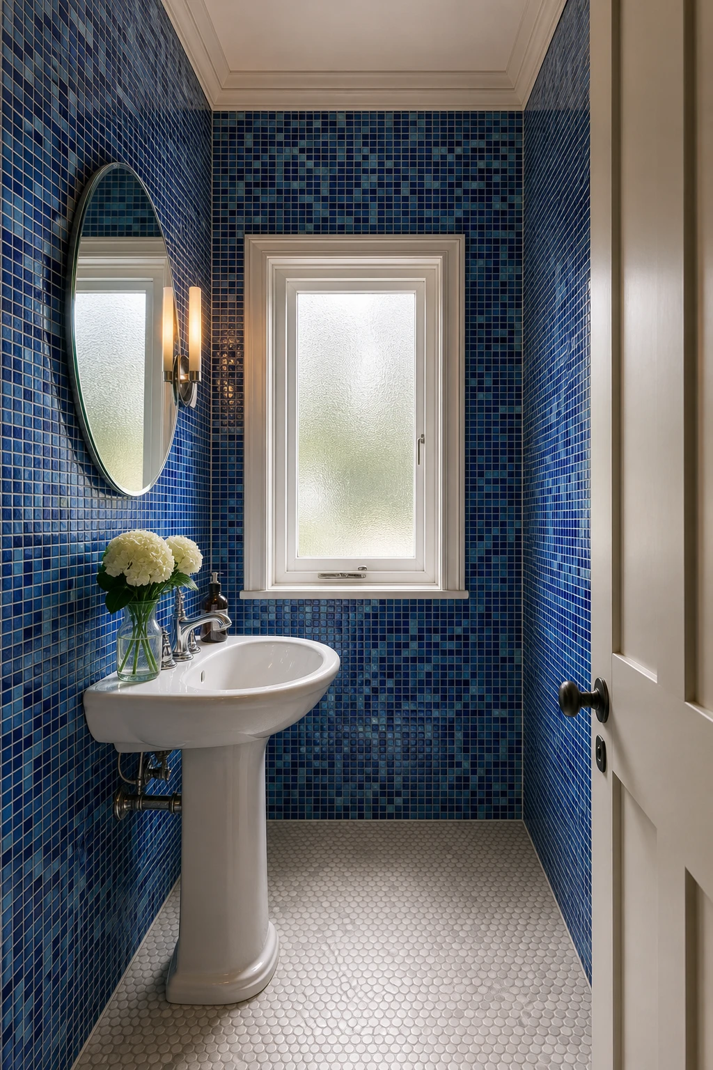 Tiny blue mosaic tile bathroom with bold cobalt walls, penny round floor tiles, frameless mirror and slim wall sconce in warm morning light