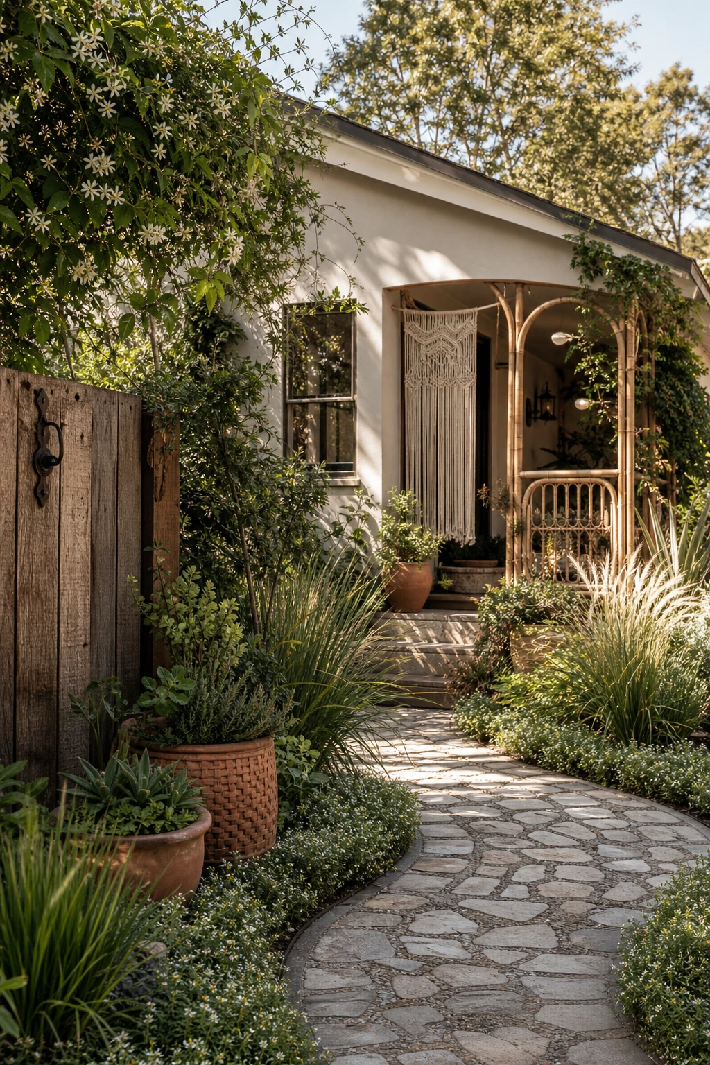 Tiny boho bungalow exterior with a lush layered garden, warm neutral facade, climbing plants, mosaic stepping stones and rattan porch details