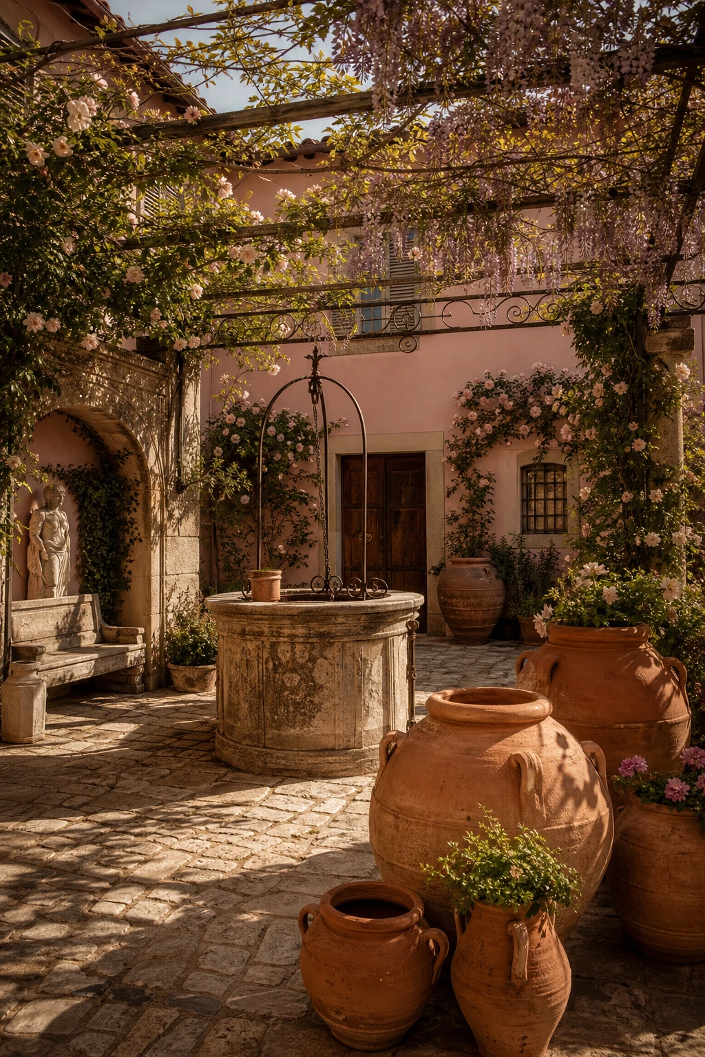 Tuscan courtyard garden with oversized terracotta pots on aged stone paving, climbing vines on warm walls painted Farrow and Ball Ointment Pink, dappled afternoon light
