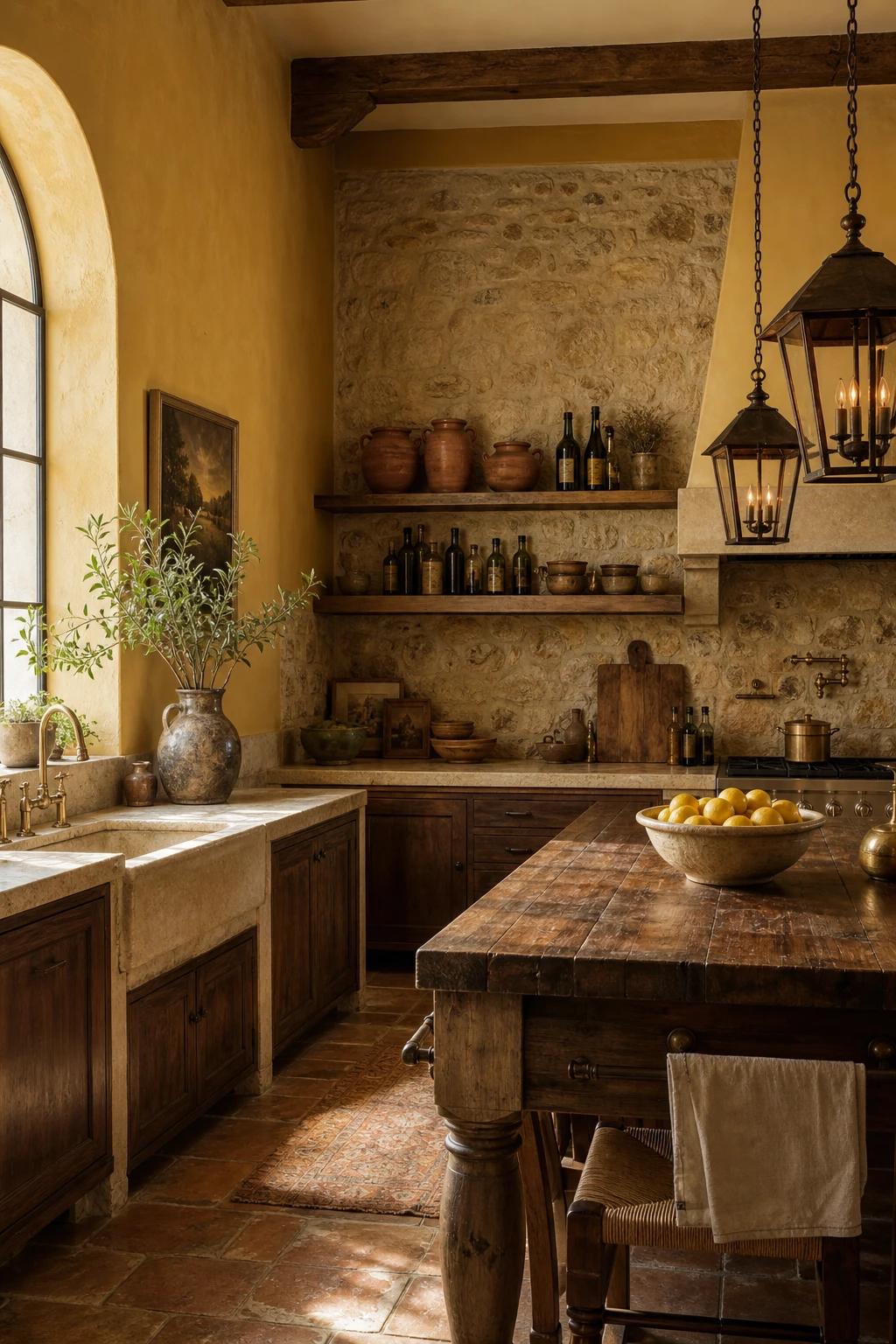 Tuscan style brown and gold kitchen with stone walls, warm terracotta floor, aged wood cabinetry, wrought iron details and Lancaster Yellow painted plaster above