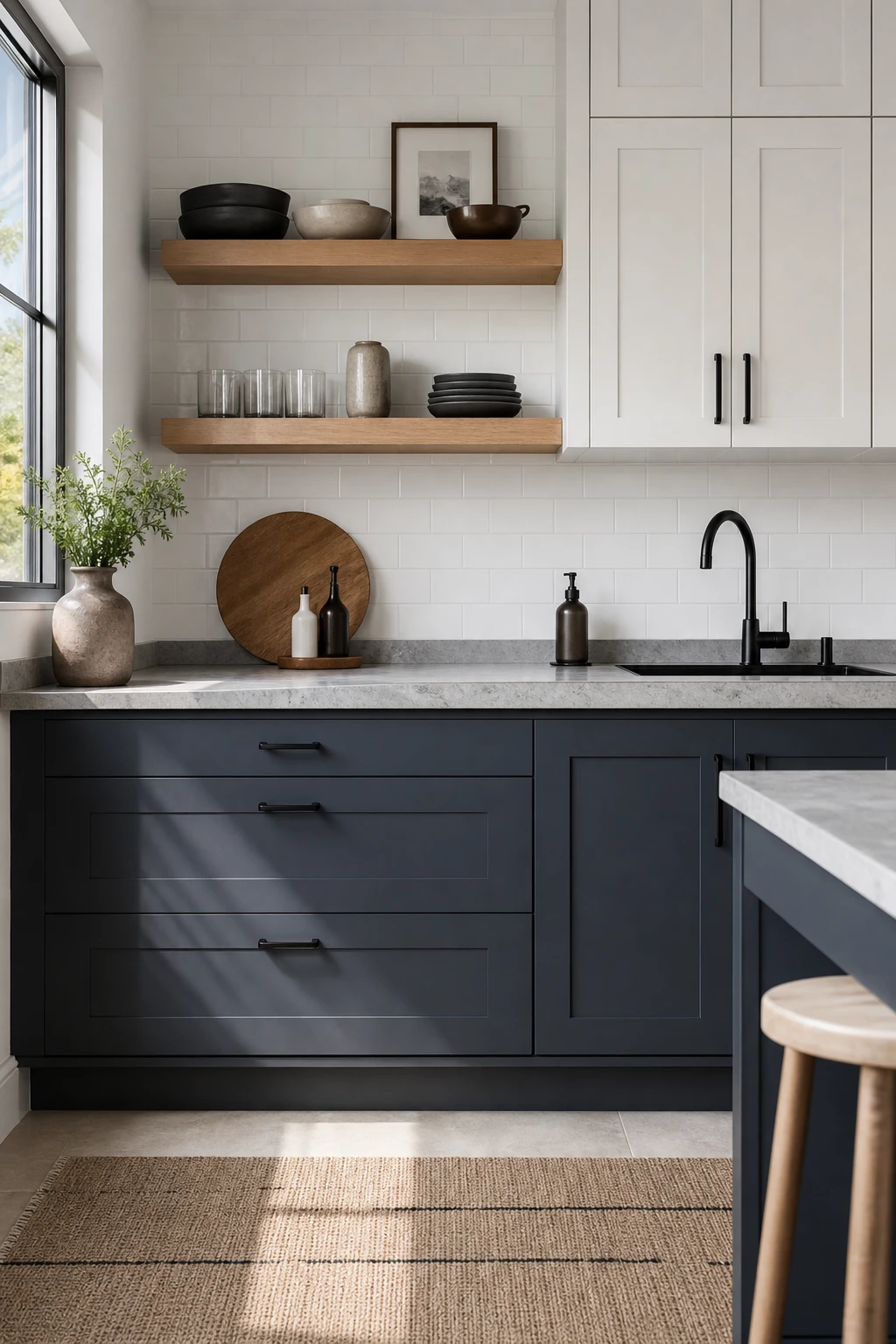 Two tone kitchen with dark lower cabinets in Farrow and Ball Railings and white upper cabinets, natural wood open shelves, black hardware, gray stone countertops