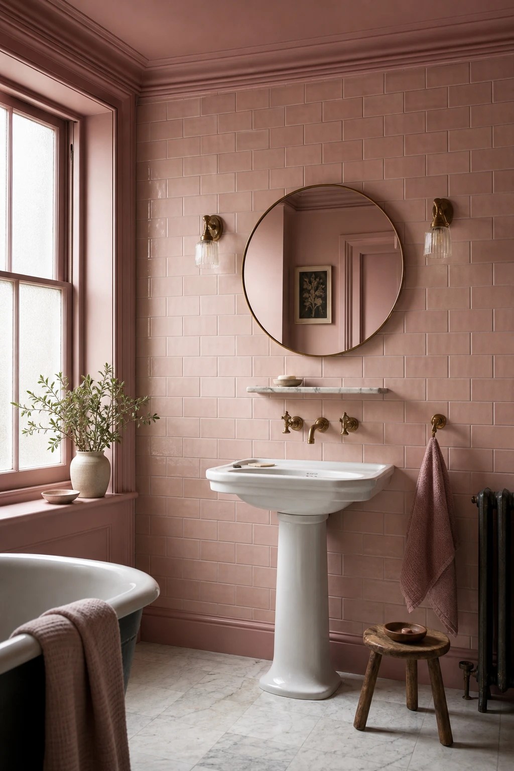 Vintage style dusty pink bathroom with glazed brick pattern wall tiles, pedestal basin, aged brass fittings, and Farrow & Ball Middleton Pink painted ceiling