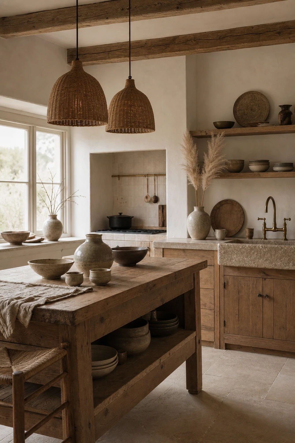Wabi Sabi Japandi kitchen with handmade ceramic vessels, raw linen, and Farrow & Ball Shaded White walls in an earthy neutral interior