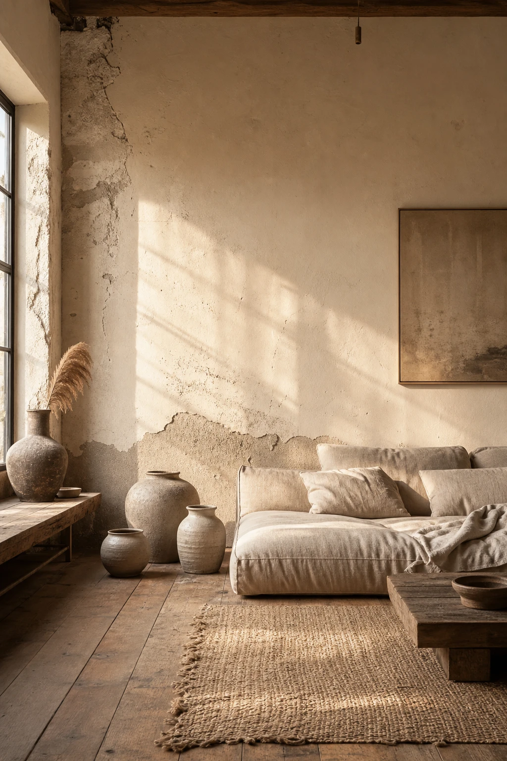Wabi sabi living room with raw plaster walls, handthrown ceramic vessels, and linen furniture celebrating earthy neutral imperfection in warm afternoon light
