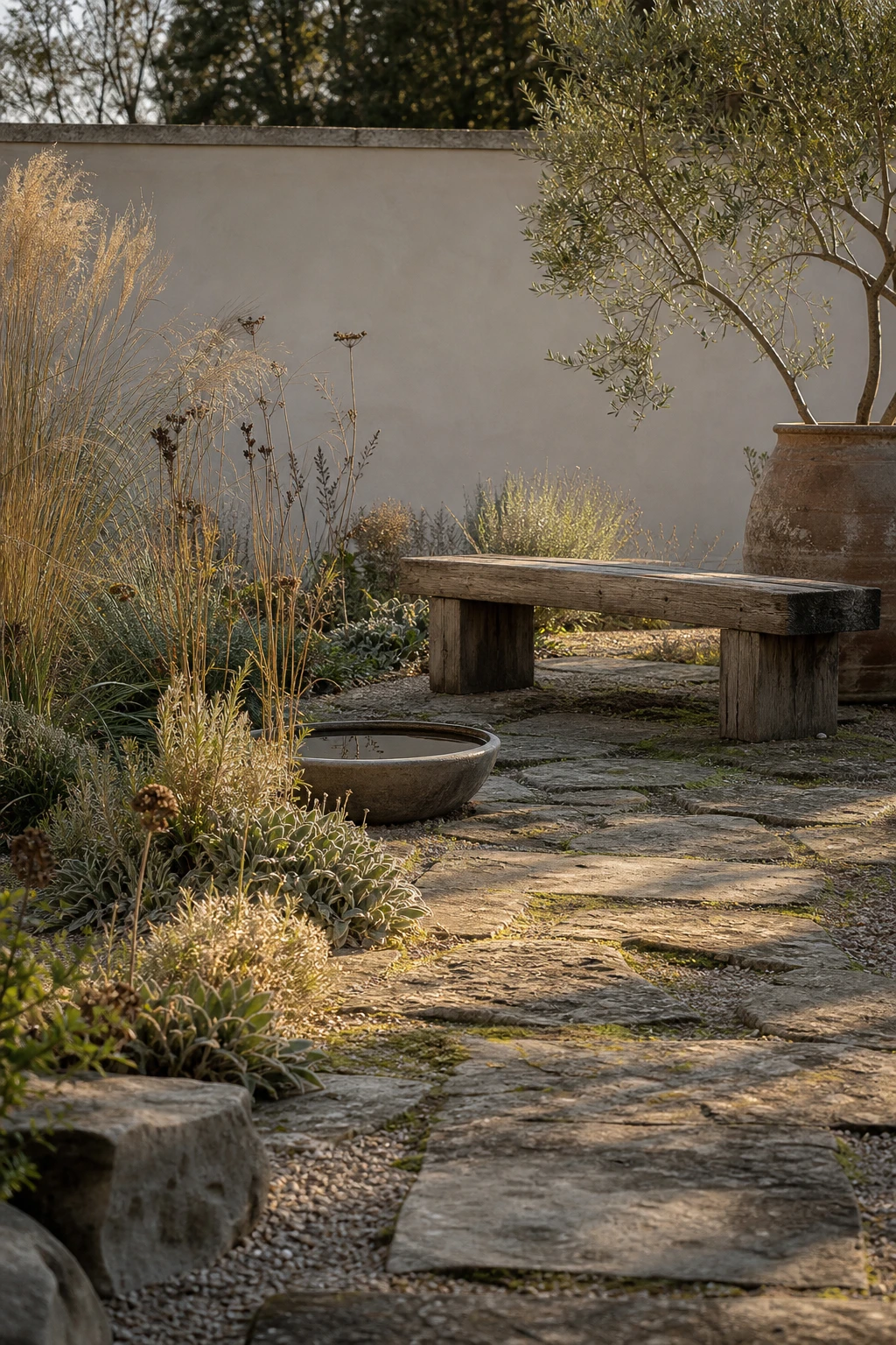 Wabi sabi neutral garden with worn stone path, mossy crevices, asymmetric plantings, weathered timber bench, and Farrow & Ball Stony Ground painted garden wall