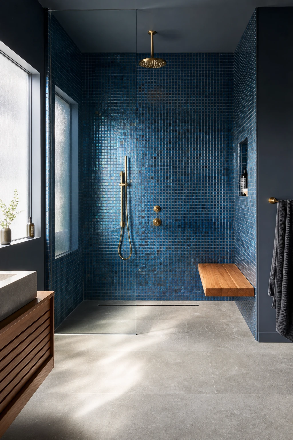Walk in shower surround covered in blue mosaic tiles with Farrow and Ball Stiffkey Blue painted walls, natural stone floor, and brushed brass fixtures in a luxury bathroom