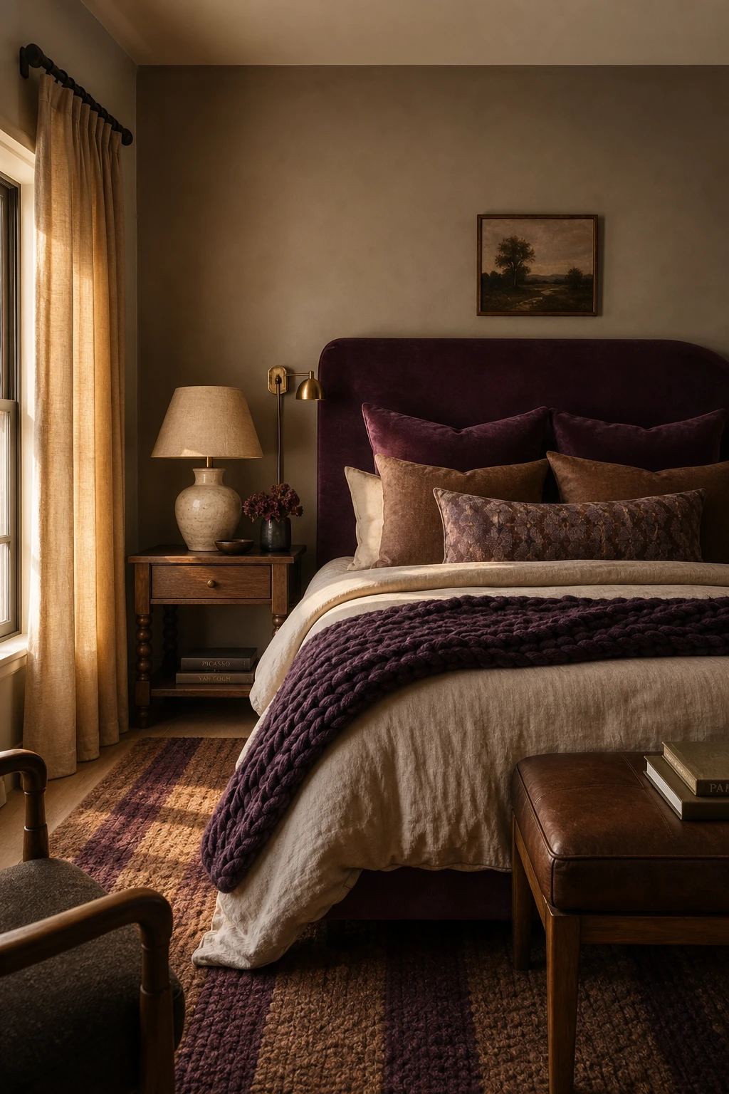 Warm bedroom with deep purple and brown earth tones, rich layered textiles, wooden furniture, and Farrow and Ball London Clay painted walls in soft natural light