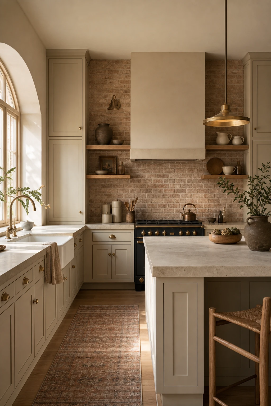 Warm beige kitchen cabinets paired with a brick backsplash, featuring natural wood open shelving, brass fixtures, stone countertops, and soft morning light.
