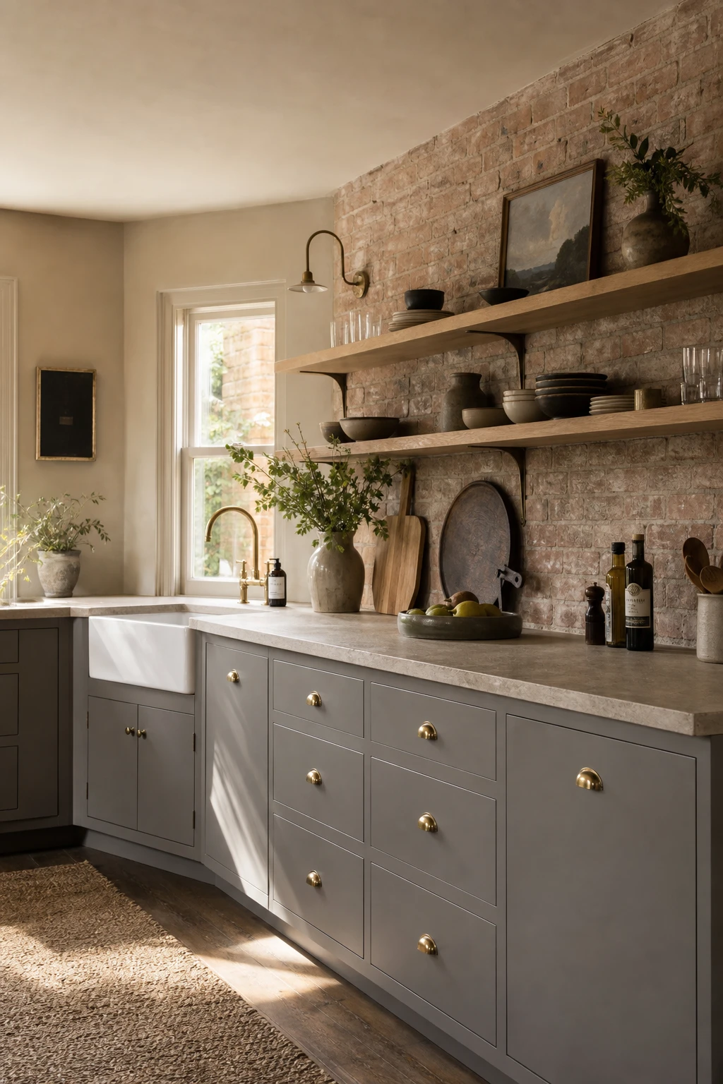Warm gray kitchen cabinets paired with a brick backsplash, natural light from a side window, open shelving, and stone countertops in a beige kitchen
