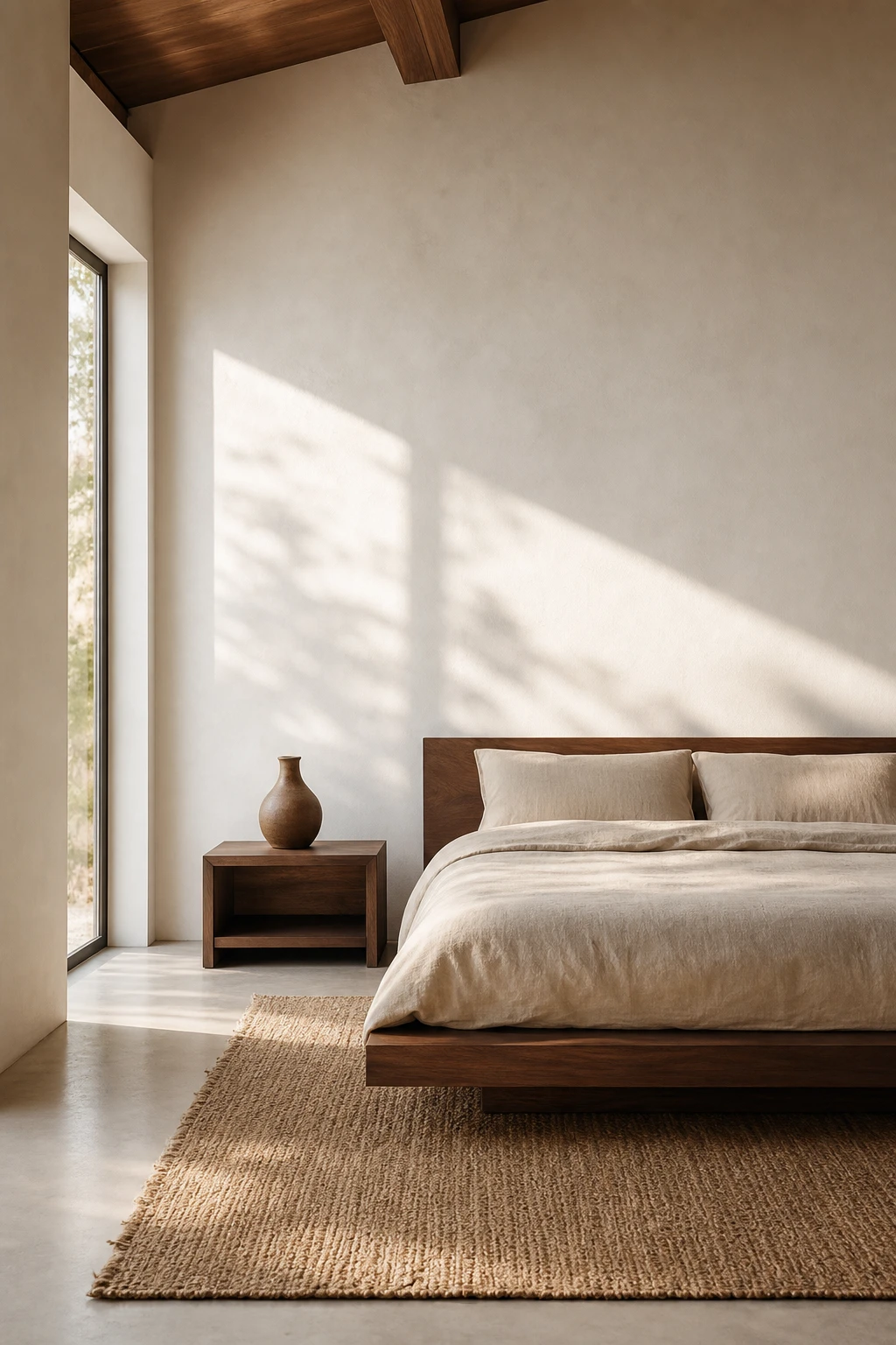 Warm minimalist white and brown bedroom with clean negative space, natural linen bedding, a raw wood nightstand, and Farrow Ball Strong White walls