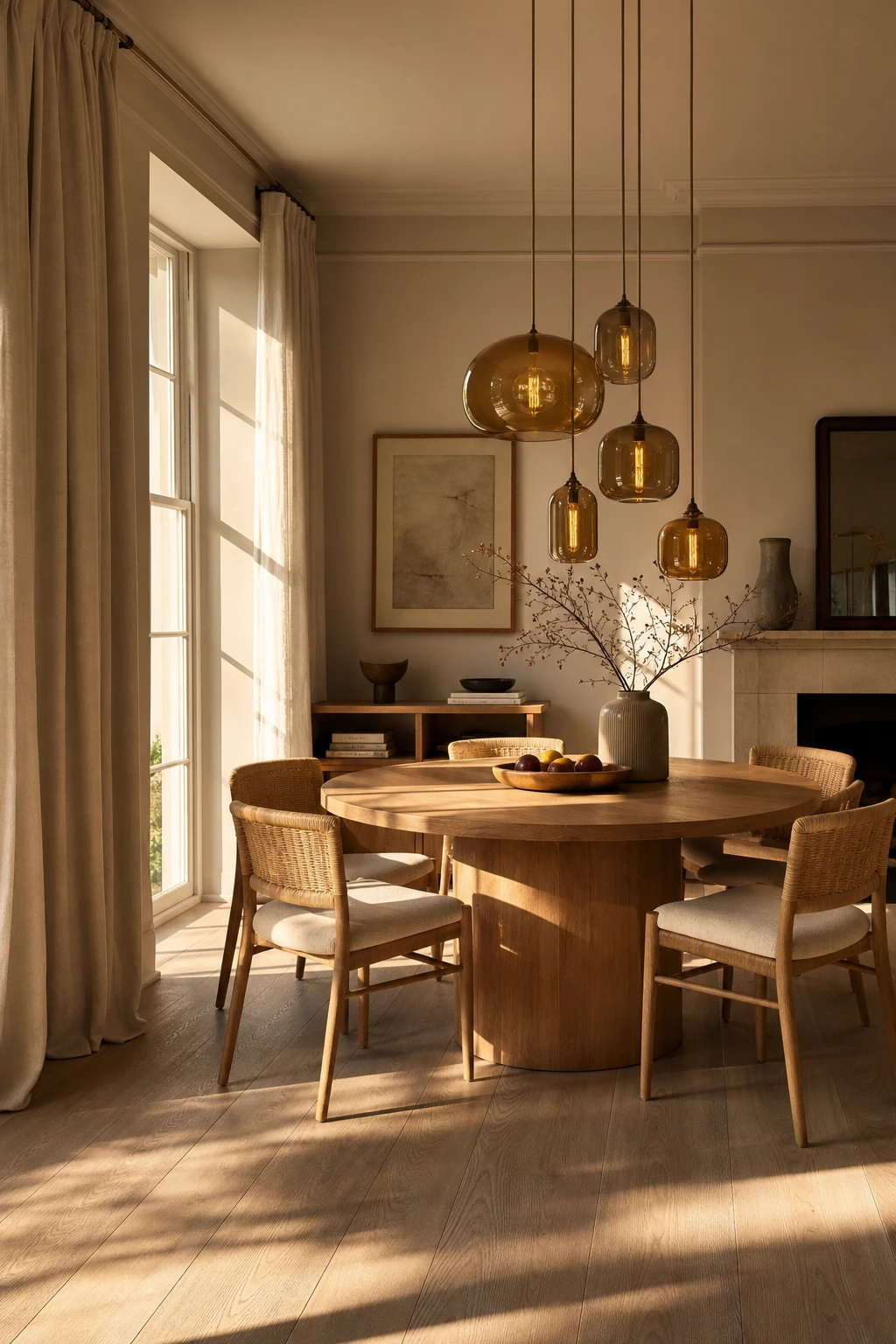 Warm neutral dining room with tonal layering, linen drapes, a round oak table, woven chairs, and Farrow and Ball Drop Cloth walls in soft afternoon light
