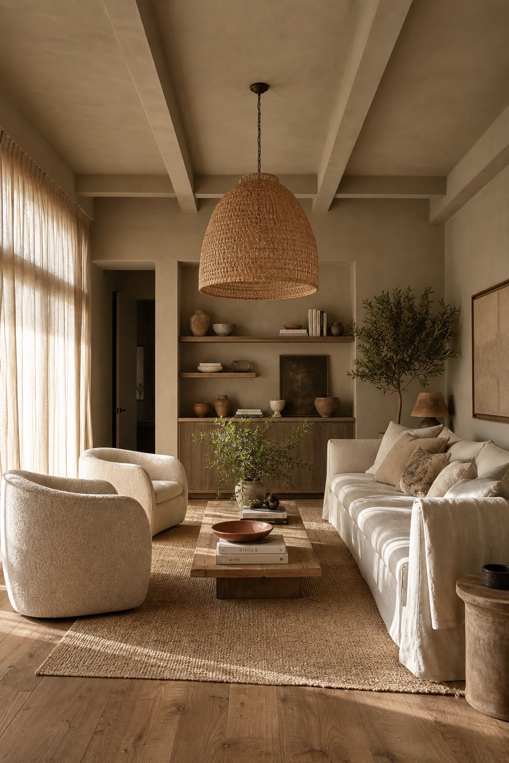 Warm neutral living room with Oxford Stone walls, linen sofa, rattan accents, oak floor and soft afternoon light creating an inviting unified space
