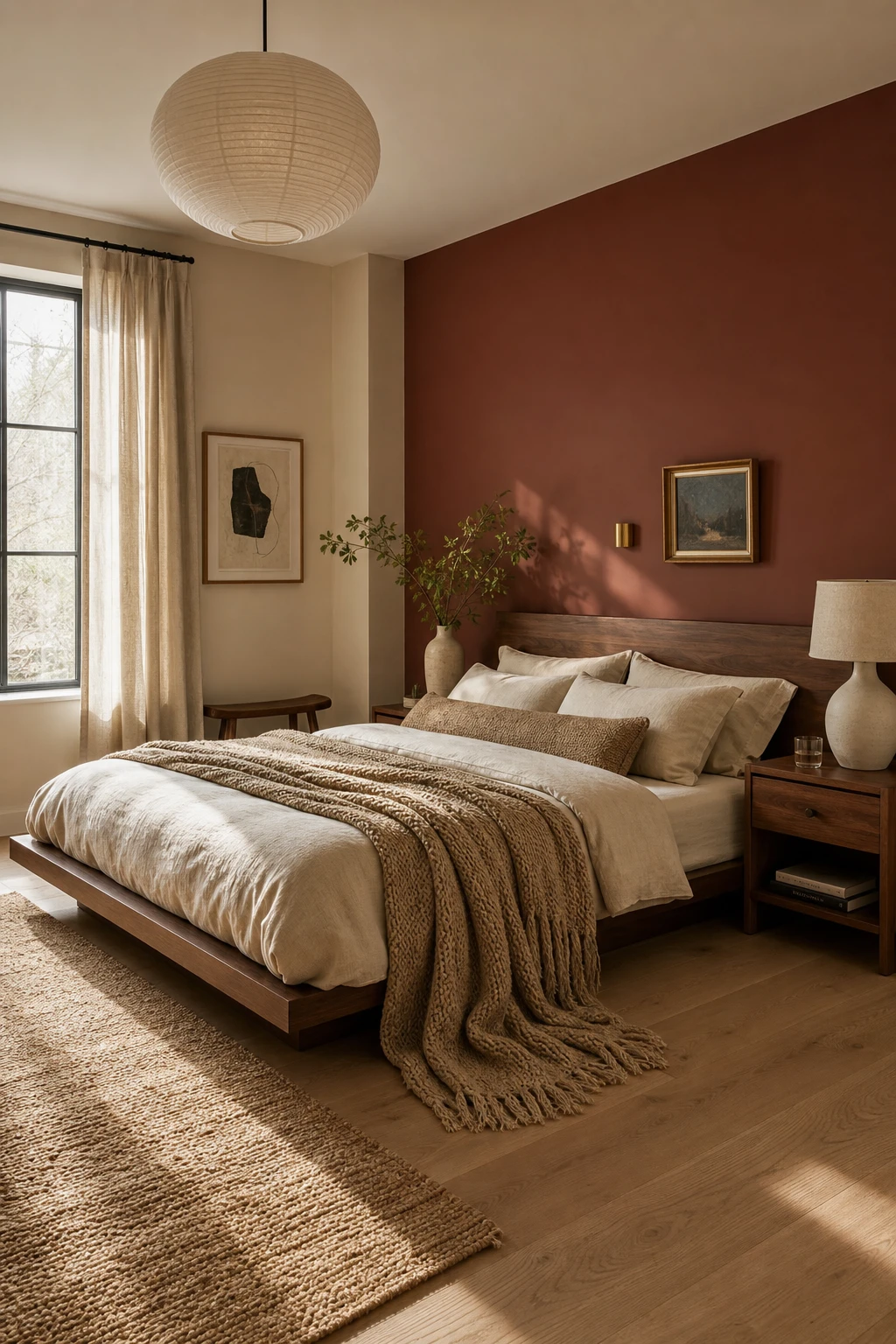 Warm Scandinavian bedroom with a brown accent wall in Farrow and Ball Book Room Red, beige linen bedding, walnut furniture and soft natural light