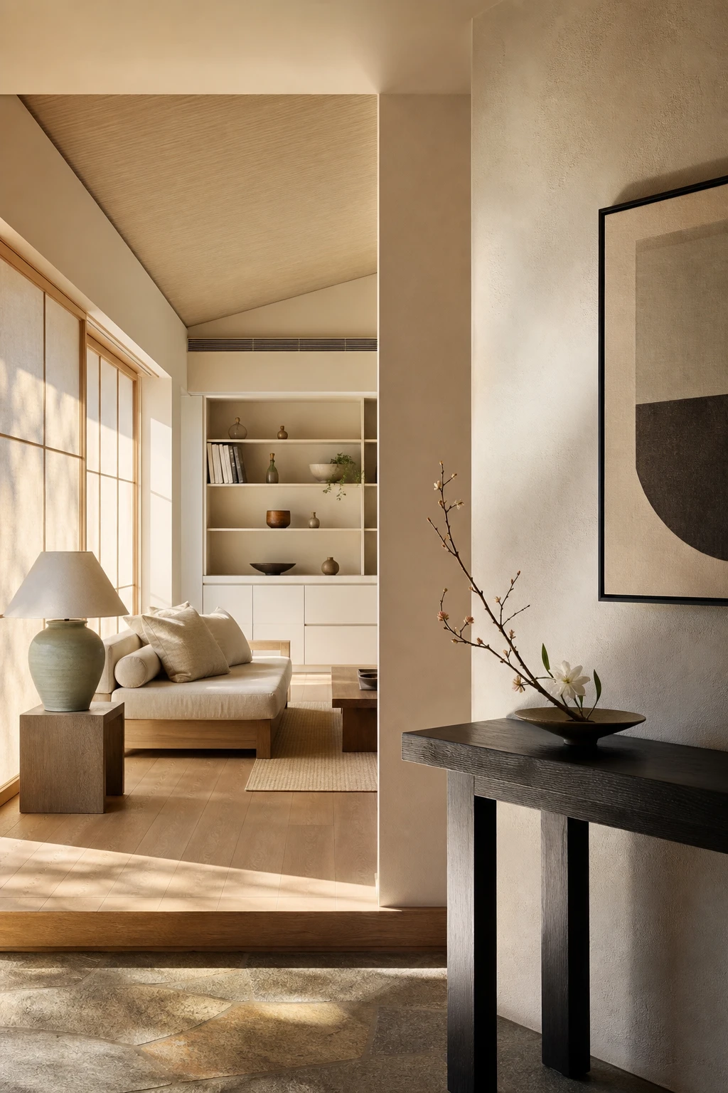 Warm whole home Japanese coastal interior showing a Japandi palette of soft neutrals, warm wood tones, muted sage, and washi paper textures in natural afternoon light