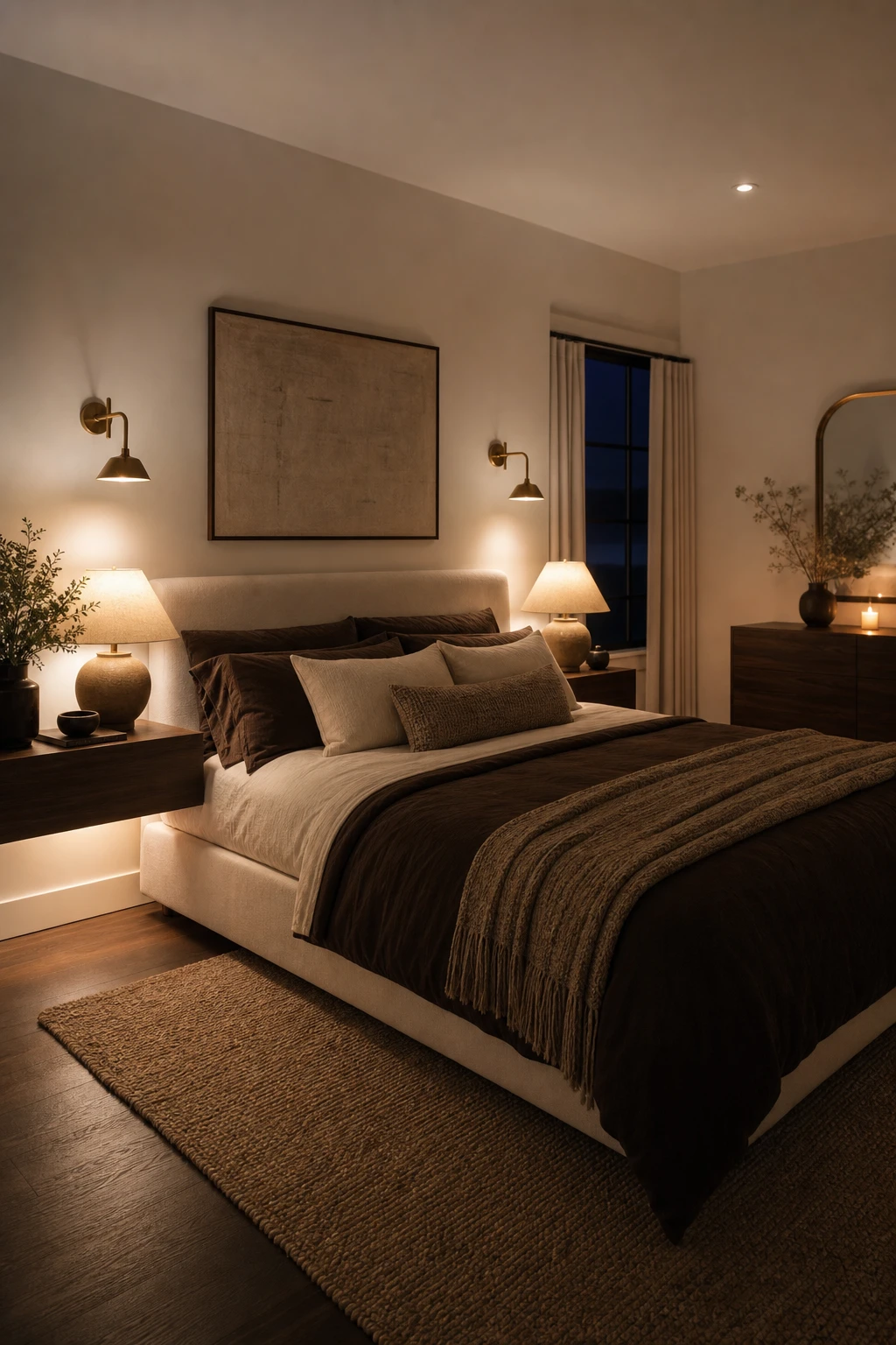 White and brown bedroom at night with layered cozy lighting including bedside lamps, wall sconces, and warm LED strips glowing against Shadow White walls