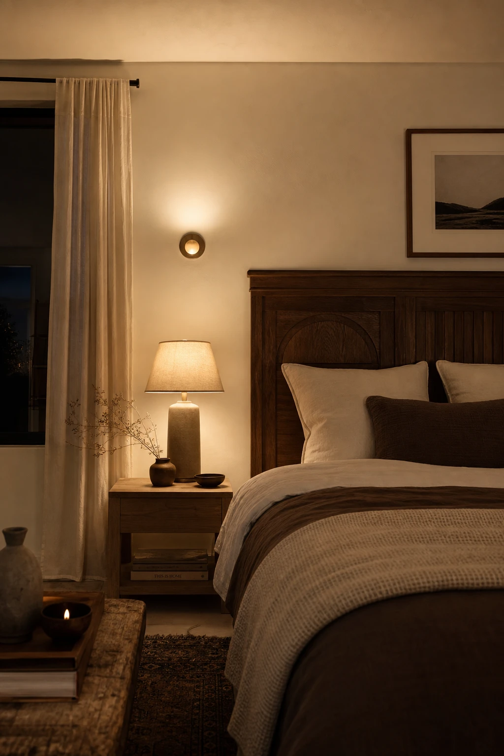 White and brown bedroom at night with soft ambient glow from layered warm lighting, Farrow and Ball Old White walls, linen bedding, and timber accents