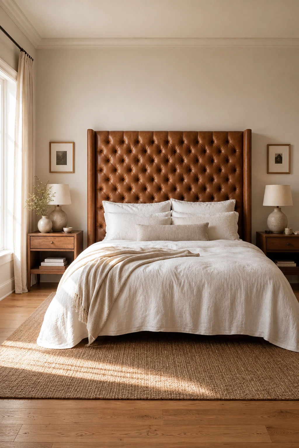 White and brown bedroom featuring a tufted leather headboard as the focal point, warm white walls, linen bedding, walnut nightstands, and soft natural light
